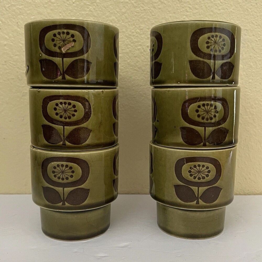 Vtg Retro Stackable Avocado Green Floral Ceramic Mugs Lot of 6 Japan READ - Picture 2 of 9